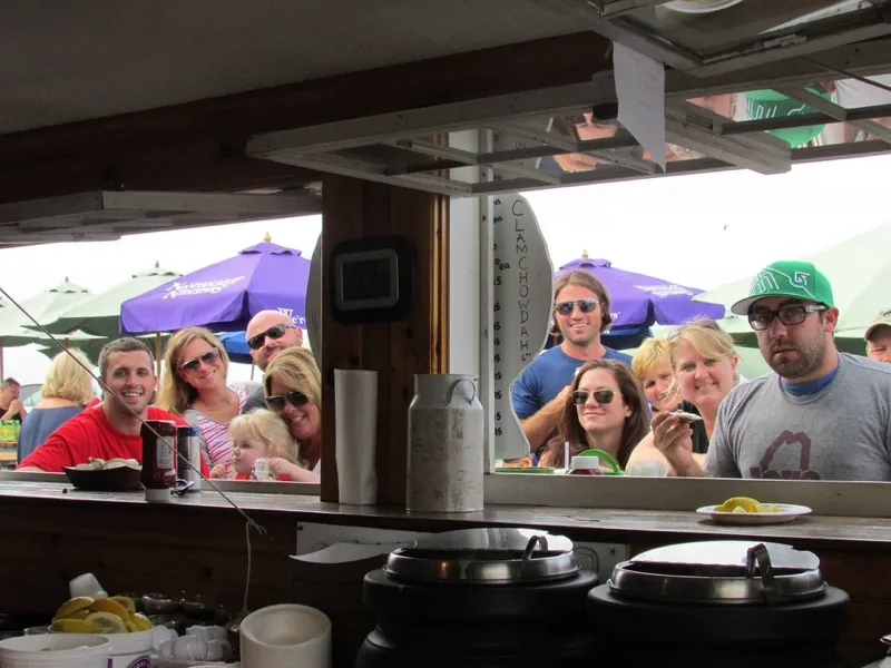 Group dining at the harbor
